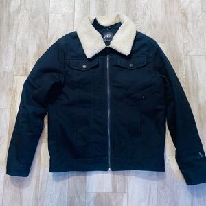 Zara Black Bomber Jacket with Cream Collar